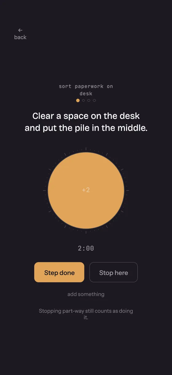 The step timer: a large dial showing two minutes with a “+2” control, above “step done” and “stop here” buttons.